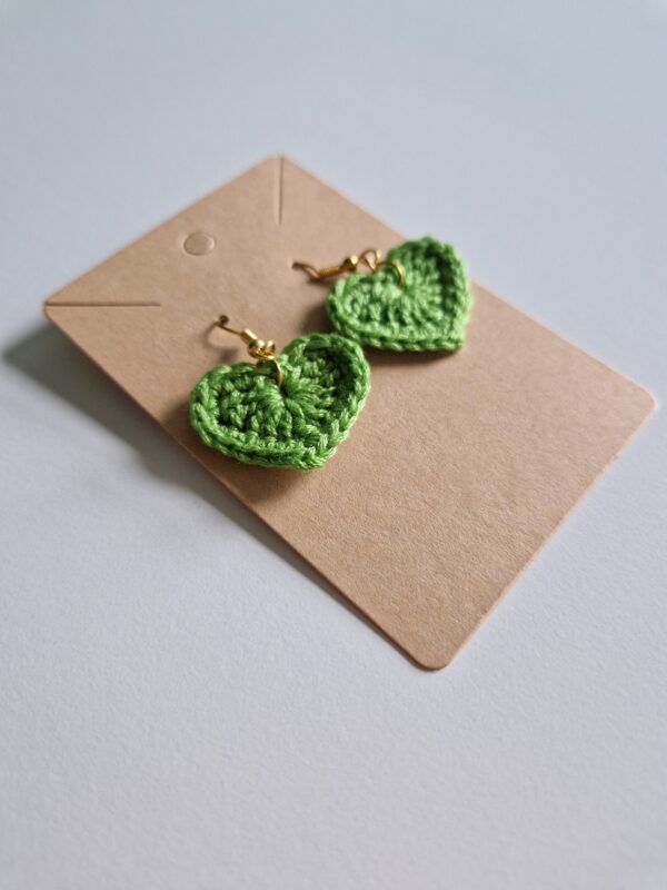 Crochet Heart Earrings - Light Green - Image 3