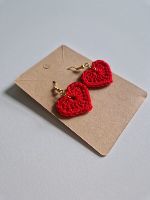 Crochet Heart Earrings - Red - Image 3